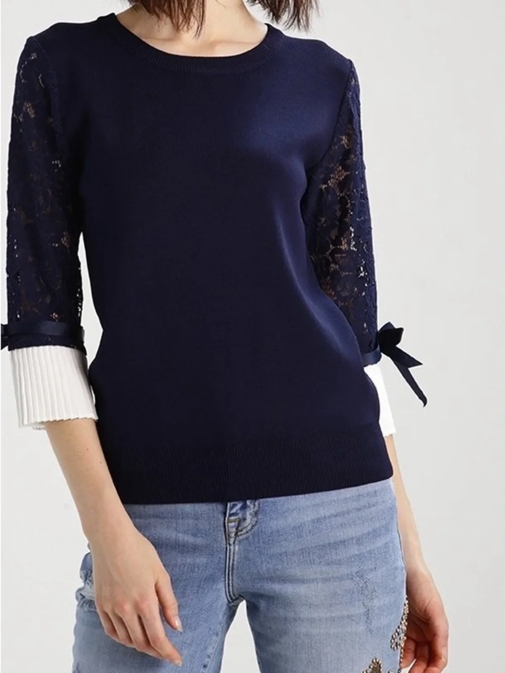 Molly Bracken Navy Crewneck Sweater with Lace Sleeves and Bow Ties Size M / L